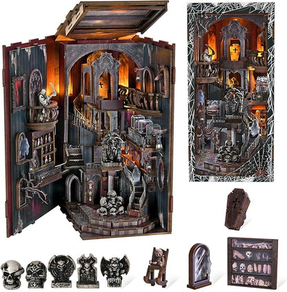 Book Nook Kit with LED Light DIY Miniature Dollhouse Booknook Kit Creepy Scary 3D Wooden Puzzle Bookshelf Insert Decor for Stress Relief Craft for Book Lovers &amp Adult (Haunting Relics)