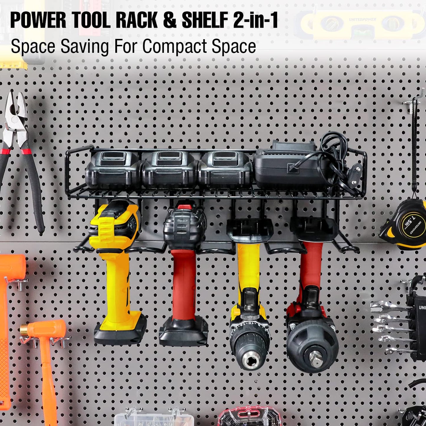 UNITEDPOWER Wall Mounted Power Tool Organizer Holder, Heavy Duty Utility Storage Rack With Shelf for Battery Powered Hand Tools, Workshop, Shed, Garage, Home