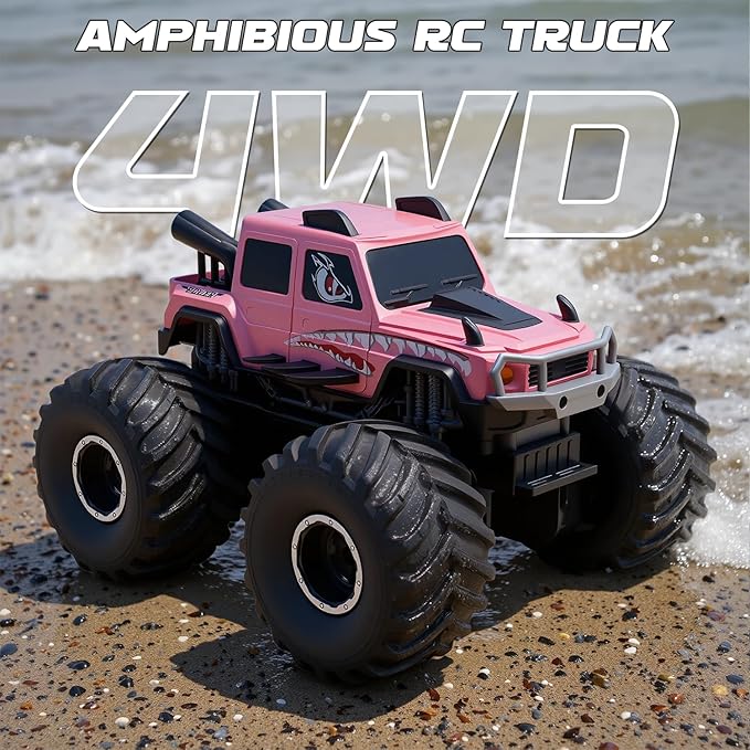 Amphibious Remote Control Trucks2.4G 1:18 4WD All Terrain Off-Road Waterproof Monster RC Cars Pool Toys Hobby RC Vehicle Christmas Birthday Gifts for Kids Boys Girls 8 9 10 11 12+ Pink