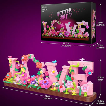 Love and Flowers Building Set for Adults 791 PCS Letter Brick Art Pink Flower Blocks for Home Décor Gift for Kids Birthday Valentine’s Day Mother's Day Confessing Love for Her or Him