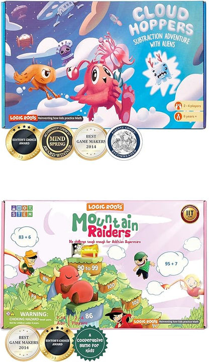 Addition and Subtraction Game - Fun Math Board Game for 6-8 Year Olds Easy to Play Educational Game for Kids at Home STEM Toy Gift for Girls &amp Boys (Cloud Hoppers + Moutain Raiders)