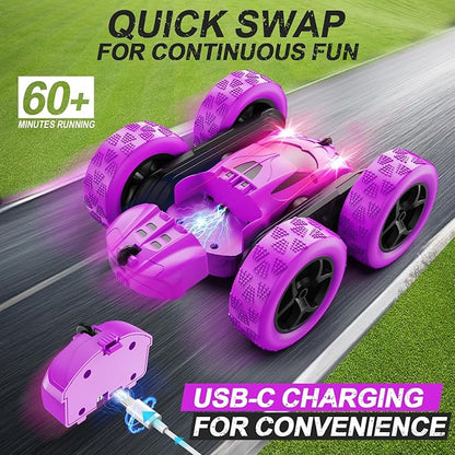 RC Cars Purple Remote Control Car for Girls 2.4 GHZ Double Sided RC Stunt Car 360° Rotating Remote Control Crawler with Headlights Car Toys for 6 7 8 9 10 11 12 Girls Birthday Gift