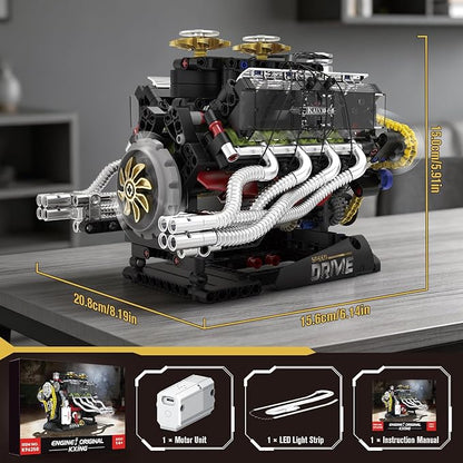 HIGH GODO V8 Engine Model Kit that Runs Mini Engine Building Set Visible Car Engine Model Kits with Motor Lights &amp App Control STEM Toys Gifts for Adults Teens Age 14+ (659 PCS)