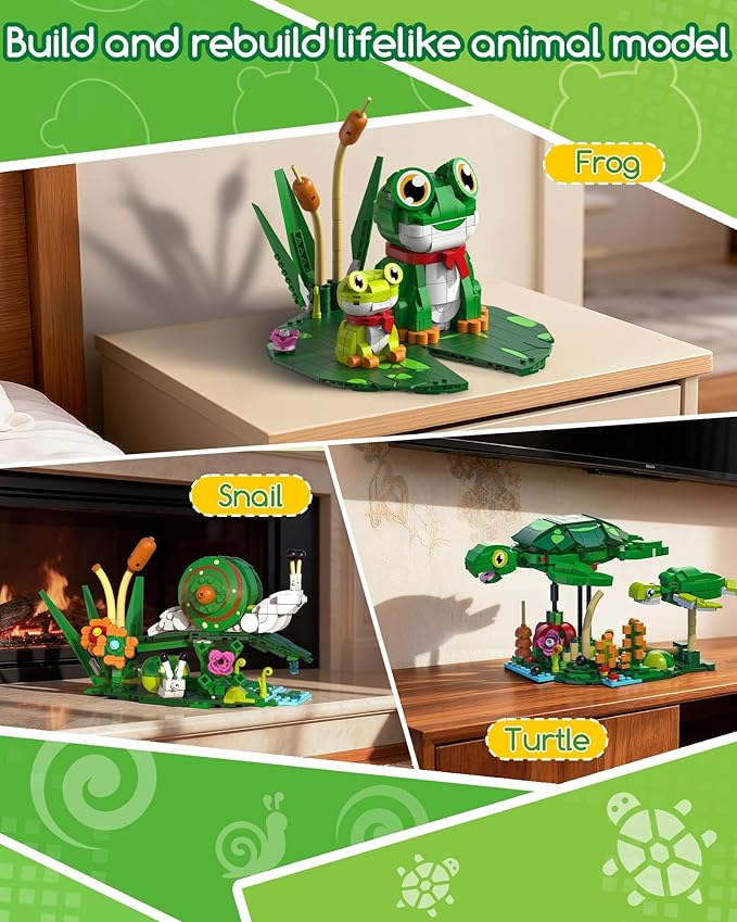 3 in 1 Animals Frog Family Building Set - Animal Figures with 3 Building Options Create Frog Turtle or Snail Family - Educational Toy Birthday Gift for Girls and Boys Ages 6+