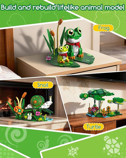 3 in 1 Animals Frog Family Building Set - Animal Figures with 3 Building Options Create Frog Turtle or Snail Family - Educational Toy Birthday Gift for Girls and Boys Ages 6+