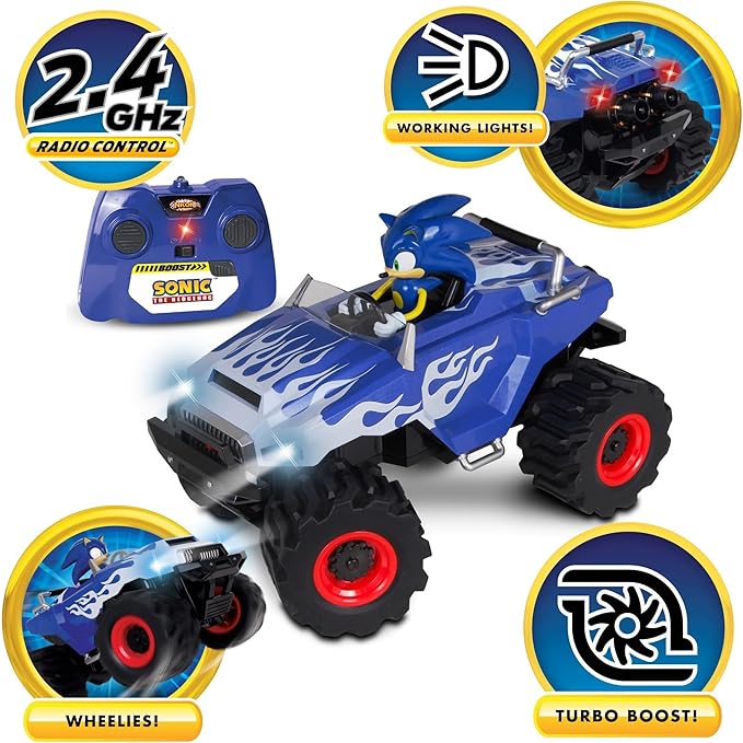 NKOK RC Sonic Racing CrossWorlds Monster Truck Sonic Ready-to-Run 2.4GHz Remote Control Toy Turbo Boost Wheelie &amp Donut Action All-Terrain Off-Road Ages 6+ Fun Gift for Kids Toy Award Win