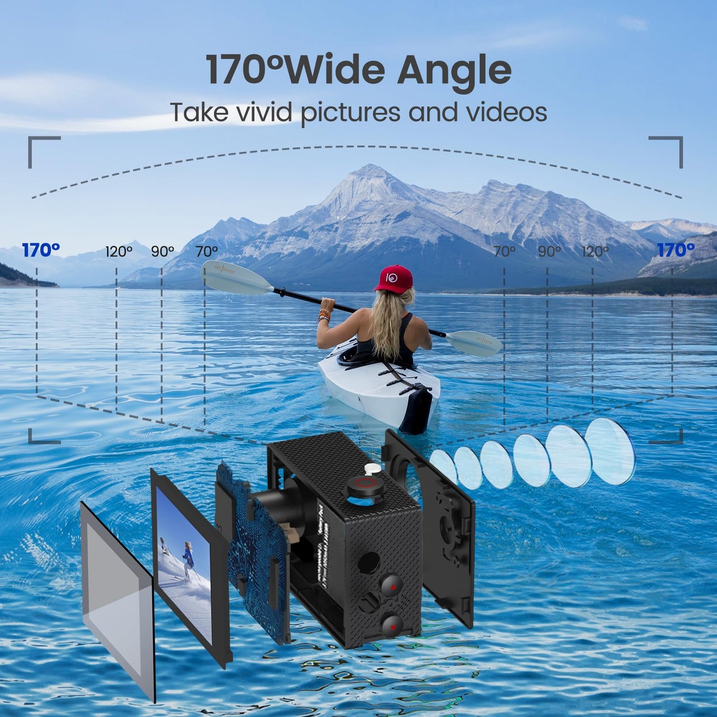 HLS Waterproof Action Camera 4K Stabilization with 2 Batteries 1350mAh for Video,4K WiFi Remote Underwater Cameras with Wide Angle Lens HD,Sports Action Video Cameras with Accessories Mount Kit