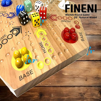 Wooden Board Games Marble Board Game Original with Dual Sides Fast Track Games for 2 to 6 Players Double Side Marble Boards 6 Colors 30 Marbles and 6 Color 6 Dice Pouch (20 Log)