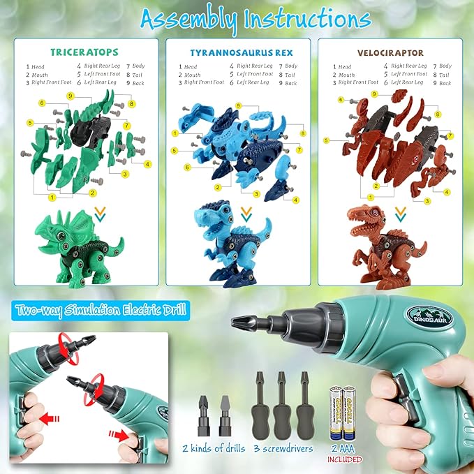 Dinosaur STEM Toys for Kids 3-5 Take Apart Dinosaur Toys with Electric Drill Educational Building Toy &amp Construction Set DIY Christmas Birthday Gifts for 3 4 5 6 7 8 Years Old Boys and Girls