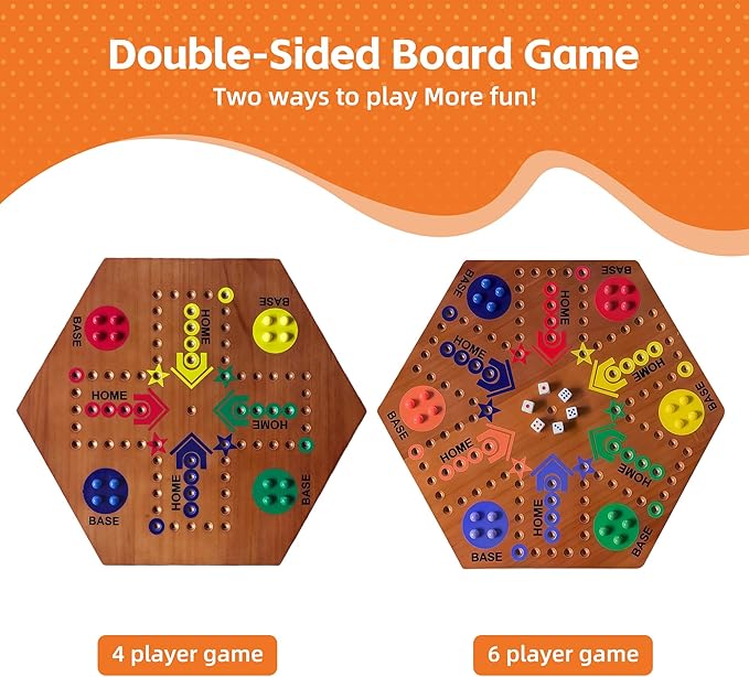 Wooden Board Game Board Game Original Marble Game Double Sided Painted 2 to 6 Player Fast Track Wooden with 6 Colors 24 Marbles 6 Dice for Adults Kids Family(24 INCH Flame)