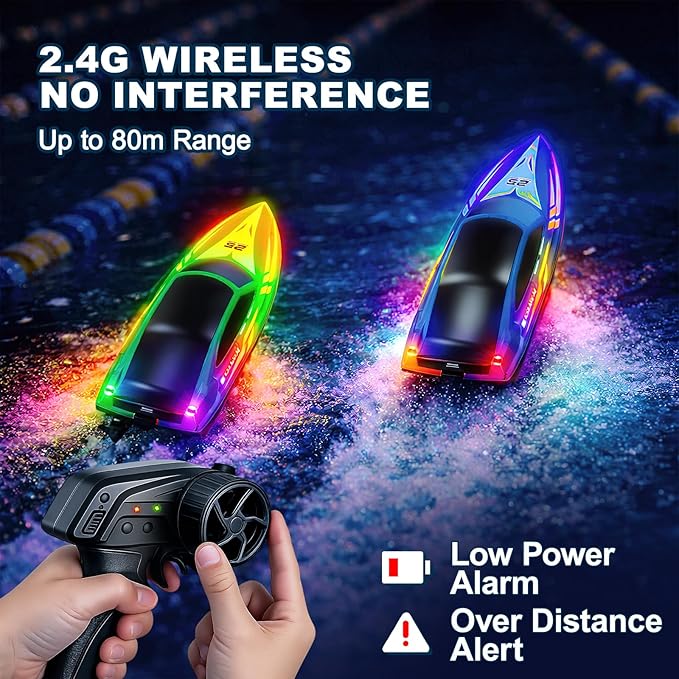 Remote Control Boat with 7-Mode Colorful LED Lights10 Inch RC Boat15KM/H High Speed2.4GHz3 Speed Modes2 Rechargeable BatteriesAuto Flip RecoveryPool &amp Lake Racing Gifts for Kids &amp Adult