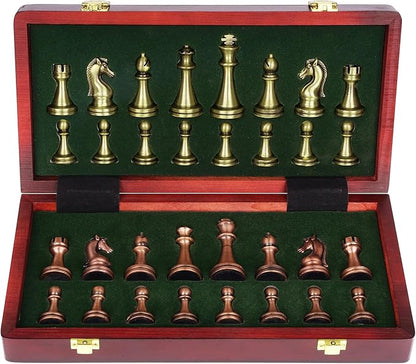 Agirlgle Retro Metal Chess Set with Folding Wooden Chess Board and Classic Handmade Standard Pieces Metal Chess Set for Kids Adult