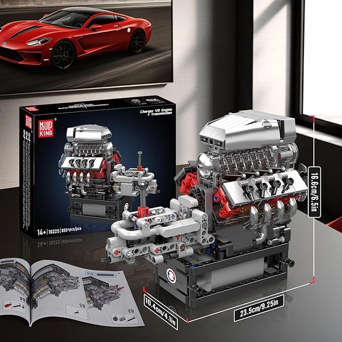Mould King 10225 V8 Engine Model Kit that Works - Car Engine Building Blocks Kit with Battery STEM Mechanic Engineering Construction Set Collection Model Gift for Adults(855 PCS)