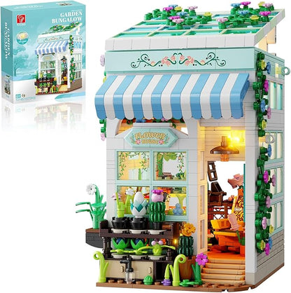 Flower House Building Set with LED Lights 1077 PCS City Greenhouse Building Block Toy Garden House Architecture Book Nook Home Decor Birthday Gift for Adults or Girls 8-12 Years