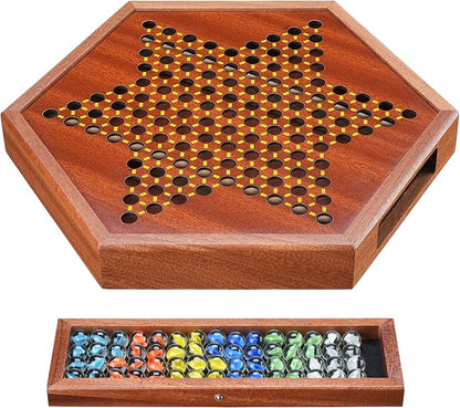 14.2 Wooden Chinese Checkers Board Game with Storage Drawer | 6-Player Marble Strategy Game | Classic Family Board Game for Kids &amp Adults | 16mm 60+12 Colorful Glass Marbles More Easy Grasping