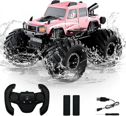 Amphibious Remote Control Trucks2.4G 1:18 4WD All Terrain Off-Road Waterproof Monster RC Cars Pool Toys Hobby RC Vehicle Christmas Birthday Gifts for Kids Boys Girls 8 9 10 11 12+ Pink