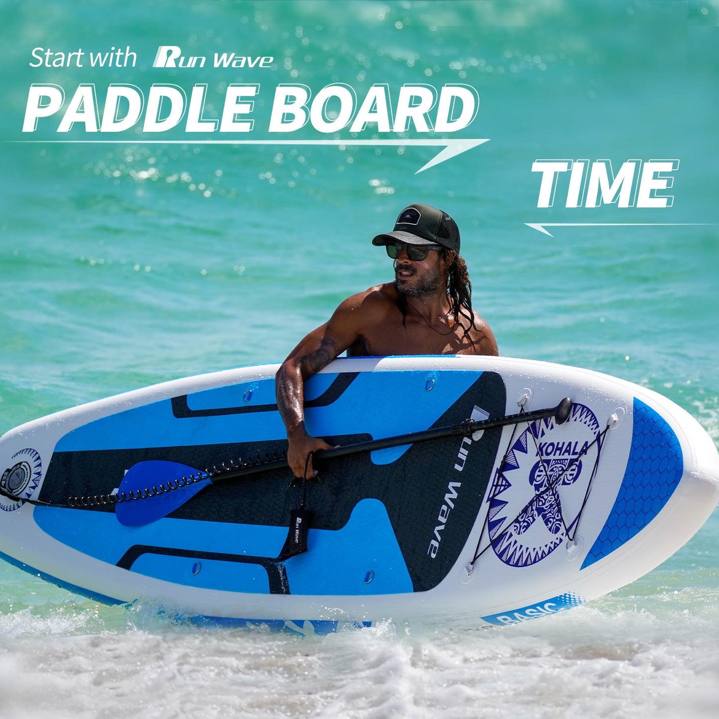 Run Wave Inflatable Stand Up Paddle Board 11'×33''×6''(6'' Thick) Non-Slip Deck with Premium SUP Accessories | Wide Stance, Bottom Fins for Surfing Control | Youth Adults Beginner (Kohala Blue)