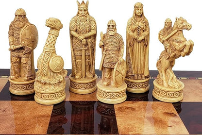 Antique Ivory &amp Brown Norse Viking Chess Set with 18 inch Cherry Color Board
