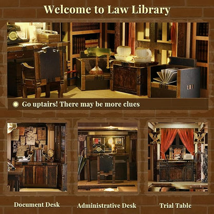 Book Nook Kit Library DIY Miniature House Kit 3D Wooden Puzzle Dollhouse Kit for Adults and Teens Bookshelf Booknook with LED Light (Law Library)