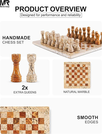 Marble Chess Set 12 Inch Handmade Coral &amp Dark Brown Board Game with Storage Box Classic Travel Chess Set for Adults with Pieces &amp 2 Extra Queens Elegant Home Décor