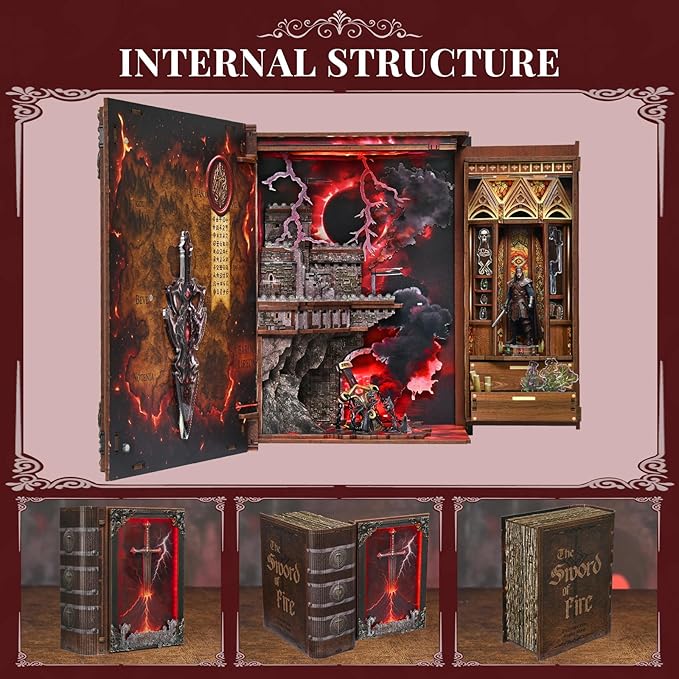 Book Nook Kit - DIY Miniature House Kit for Adults Teens Dollhouse Magic Booknook Tiny House Bookshelf Decor Gifts for Family Friends (Sword of Fire)