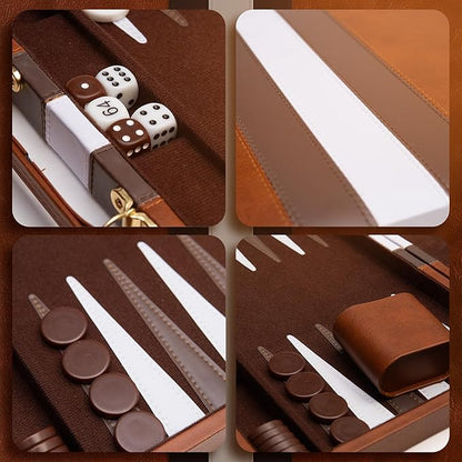 Backgammon Board Game Deluxe Leather Like Case Felt Interior Brown Classic Backgammon Game Popular Board Game Board Games (Medium (15))
