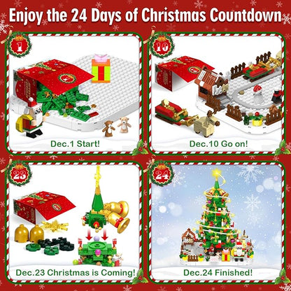 Advent Calendar 2025 Adult 1088 Pieces Christmas Tree Building Kit with Led Light 24 Days Christmas Countdown Christmas Tree Building Toy Set Ideal Xmas Gift Toy for Teen Boy