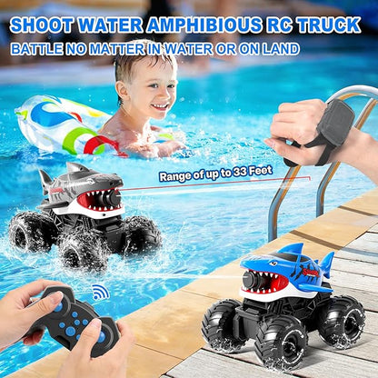 Gesture Sensing Amphibious Remote Control Shark Monster Truck with Water Squirt 4WD 1:16 RC Car All-Terrain Waterproof RC Tank Pool Toy Outdoor Summer Gifts for Kids Age 6+（With 2 Replaceable battery)