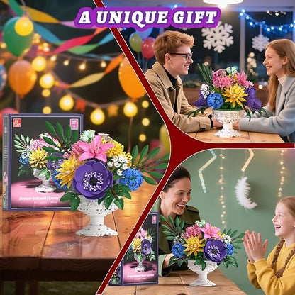 Flowers Bouquet Botanicals Collection Building Sets with Vase Artificial Flowers Arrangement Building Toys Pretty Home Decor Table Decor Birthday Gifts for Women Gf Adults Girls Age 14+ (1081 PCS)