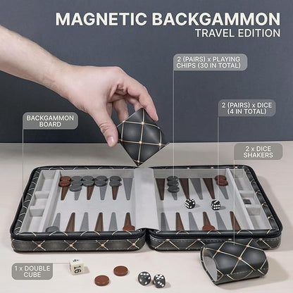 Magnetic Travel Backgammon Sets for Adults - Quality PU Leather Backgammon Board Game for Adults and Kids - 14 Gift for Man Backgammon Board with 32 Magnetic Pieces in PU Leather Case
