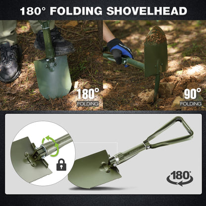 REDCAMP 23" Military Folding Camping Shovel w/Cover,Portable Shovel with High Manganese Steel, Tactical Entrenching Tool Tri-fold Handle Shovel for Camping Hiking Sand Mud Snow Beach, Green 2.5Lbs