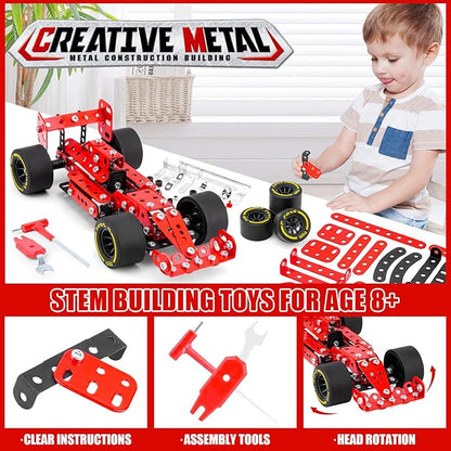 Building Car Metal Model KitsSTEM Building Toys Model Car Kits for Boys 8-12Erector Sets 1:20 Scale Red Racing Car Metal Building Blocks for Kids Boys 8 9 10 11 12-16 Years Old