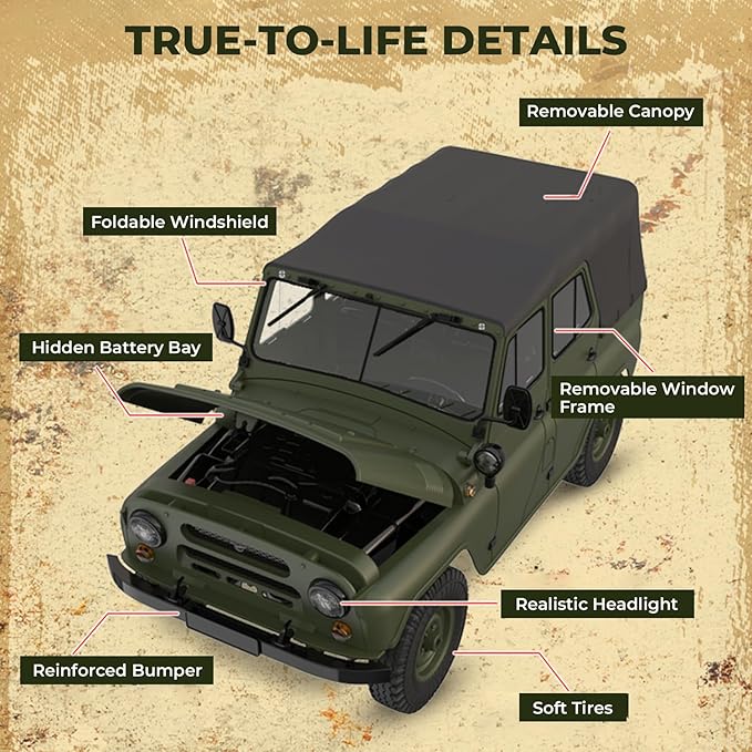 ARRIS 1/12 RC Crawler WPL C94 UAZ-469 Scale RC Rock Crawler 4x4 2.4GHz RTF Off-Road Truck 4WD Military RC Truck with Proportional Steering Hobby Grade Gift for Adults
