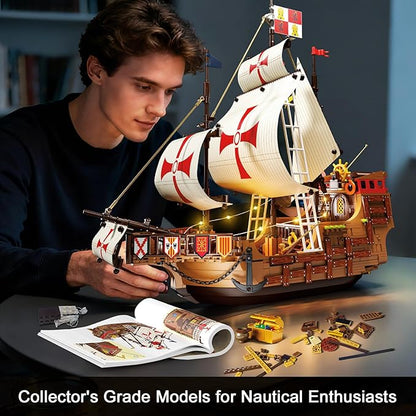 Santa Maria Ship Building Set with LED Lights 2 in 1 Pirate Ship House Wharf Building Block Kit 1253 PCS Adventure Merchant Ship Model Building Toy Gift for Adults Teens Boys Girls Ages 12+