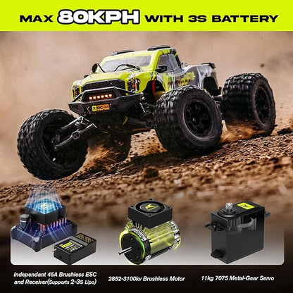 AMORIL 1/10 RTR Brushless Fast RC Cars for AdultsMax 50mph Hobby Electric Off-Road Monster TruckWaterproof High Speed RC Car 4WD Remote Control Car with 3S LipoGreen