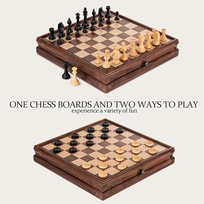 A&ampA 15 inch Walnut Wooden Chess Set with Storage Drawer Triple Weighted Pieces 3.0 inch King Height Walnut &amp Maple Inlay 2 Extra Queen Classic 2 in 1 Chess and Checkers Board Game
