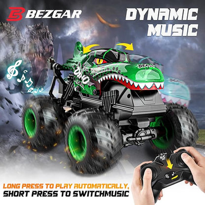 BEZGAR Monster Truck Toys - Remote Control Monster Truck with Light &amp Music Dinosaur Toys for Kids 1:20 Scale RC Truck with 360° Spins and Drifting Remote Control Car for Boys 4-7