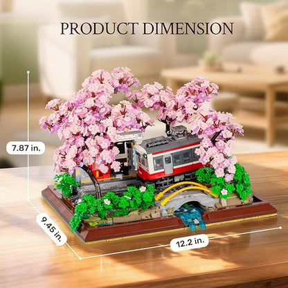 Wise Block Cherry Blossom Train Diorama Building Set – Japanese Artificial Bonsai Tree Building Toy Building Block Set for Home Office Botanical Decor Birthday Gifts for Adults 3150 Pcs