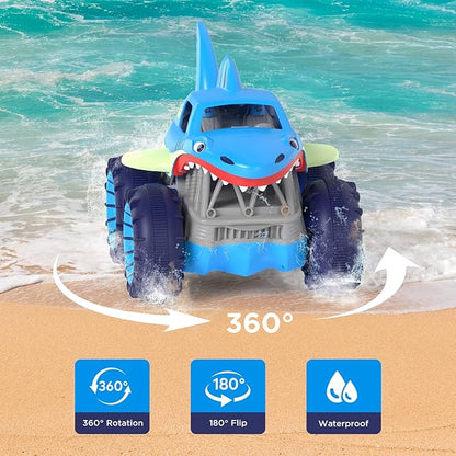 MaxTronic Fast Direct Charging Remote Control Car Rechargeable Amphibious RC Cars with 2.4Ghz 4WD All Terrain Waterproof RC Shark Monster Truck Toys for Boys Girls 3-12 Years