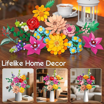 Flowers Bouquet Building Set 891 PCS Artificial Wildflower Botanical Collection Kit for Women Kids Girls Home Office Decor Gift for Mother's Day/Valentine's/Christmas