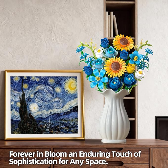 Blue Rose Flowers Valentines Gifts - Bouquet Building Set Compatible with Lego Flowers for Adults Women Van Gogh's Starry Night and Sunflowers Style Christmas Mother's Day Home Decor