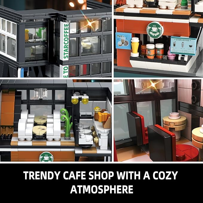 City Coffee House Architecture Building Blocks Set for Adults Street View Modern Cafe Shop Building Construction Toy with Light Christmas Birthday Gift for Kids Boys Girls 6-12 (581 PCS)