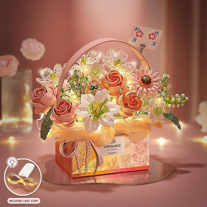 Flower Bouquet Building Blocks Model SetSimulation Artificial Rose Handheld Gift BoxBonsai Plant Building Bricks ToysHome Decor (Fantasy Pink)