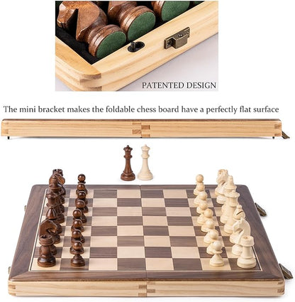 A&ampA 15 Magnetic Wooden Chess Set/Folding Board / 3 King Height German Knight Staunton Chess Pieces/Mahogany &amp Maple Inlaid /2 Extra Queen