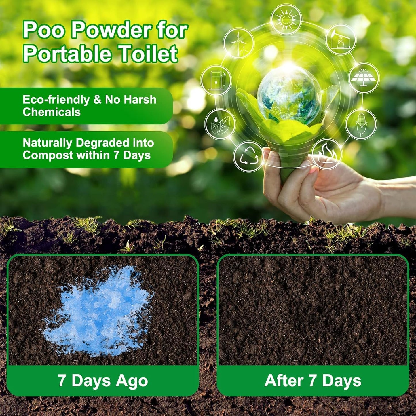 Siewl Portable Toilet Absorbent Gel Powder, Poo Gel for Camping Toilet Powder, Poo Urine Powder for Potty Bags, Poo Deodorizing Treatment for Outdoor Camping Hiking Emergency Toilet (100Pack)