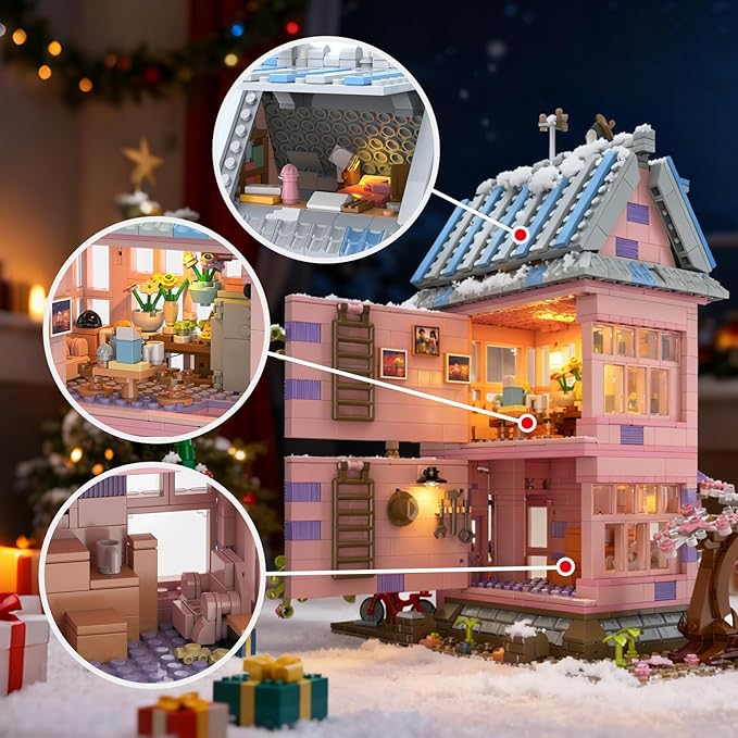 Cherry Blossom Pink House Building Set with LED Light Three Story Apartment with Study Greenhouse Cherry Blossom House Construction for Home Decor Birthday Gift for Adults Girls 12+ (1432 PCS