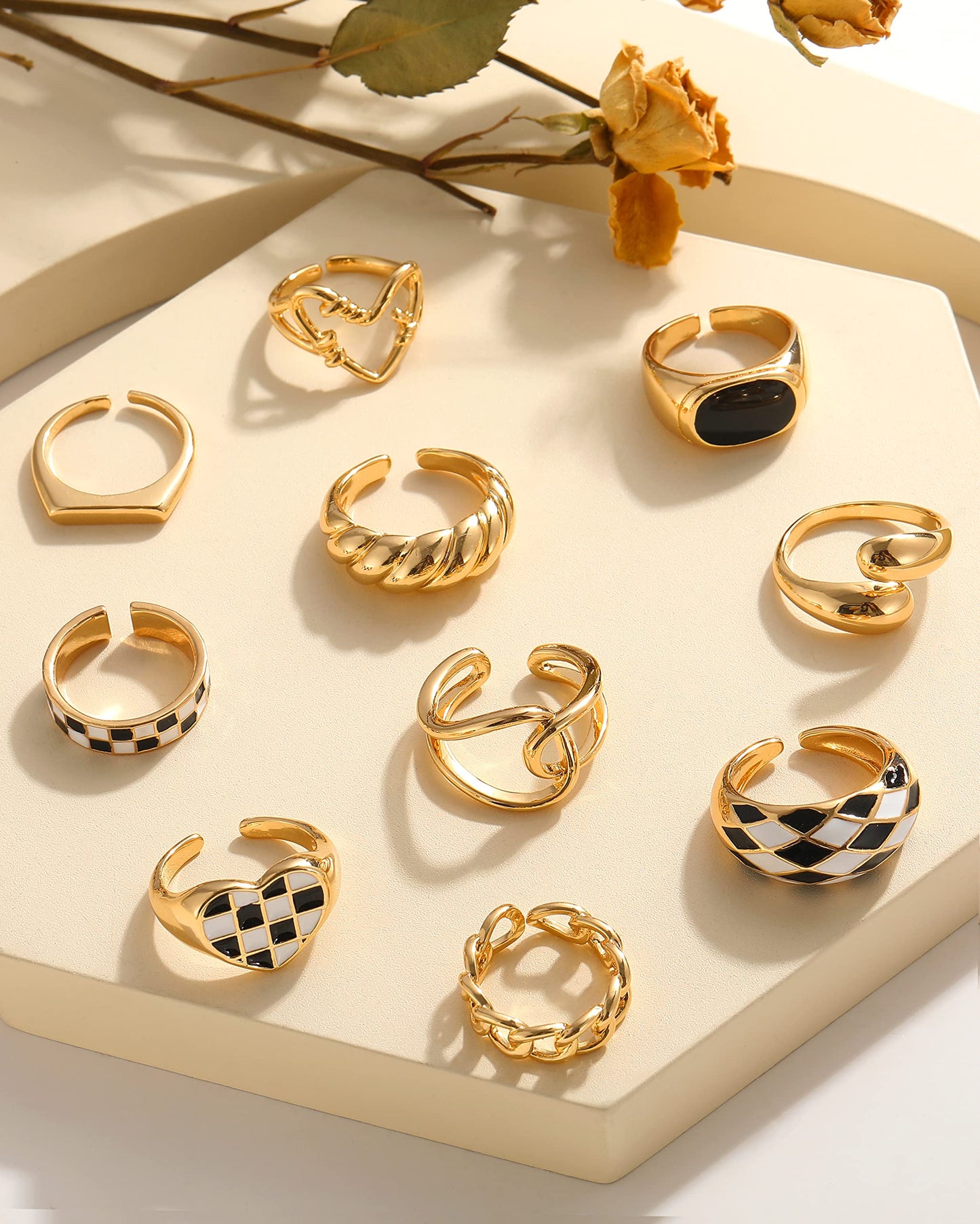 FAXHION 12PCS Gold Stackable Rings Set for Women, 18K Gold Plated Open Stacking Knuckle Ring, Adjustable Chunky Signet Band Statement Ring for Gift