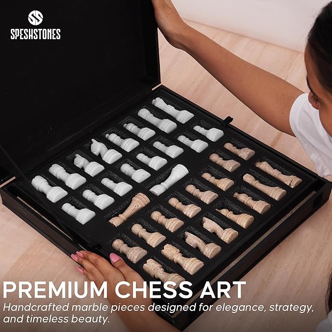 Marble Chess Set 15 Inch Handmade White &amp Travertine Luxury Board Games for Adults Elegant Table top Board Game Travel Chess Pieces &amp Storage Box for Gifts &amp Home Decor