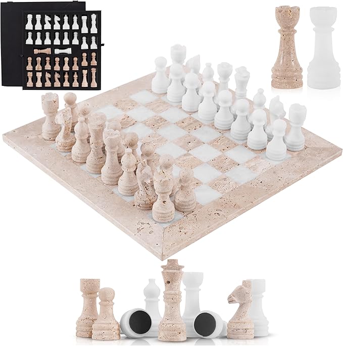 Marble Chess Set 15 Inch Handmade Travertine &amp White Luxury Board Games for Adults Elegant Table top Board Game Travel Chess Pieces &amp Storage Box for Gifts &amp Home Decor