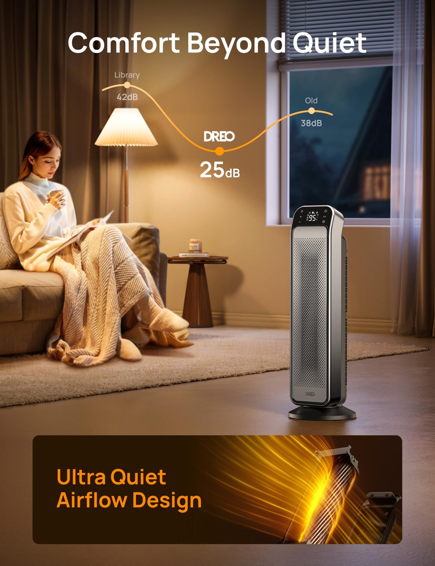 Dreo Space Heater Indoor, 25" 11.5ft/s Fast Portable Room Heater with Remote and Thermostat, 3 Modes, Overheating & Tip-Over Protection, Electric Heaters for Indoor Use Large Room, Bedroom, Silver